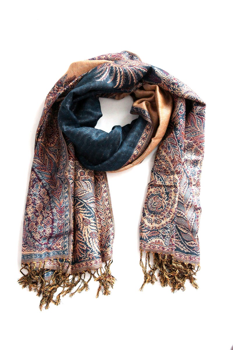 Sakkas Luxurious Double Layered Jacquard Big Paisley Pashmina Shawl Wrap Scarf - Teal - Image 3